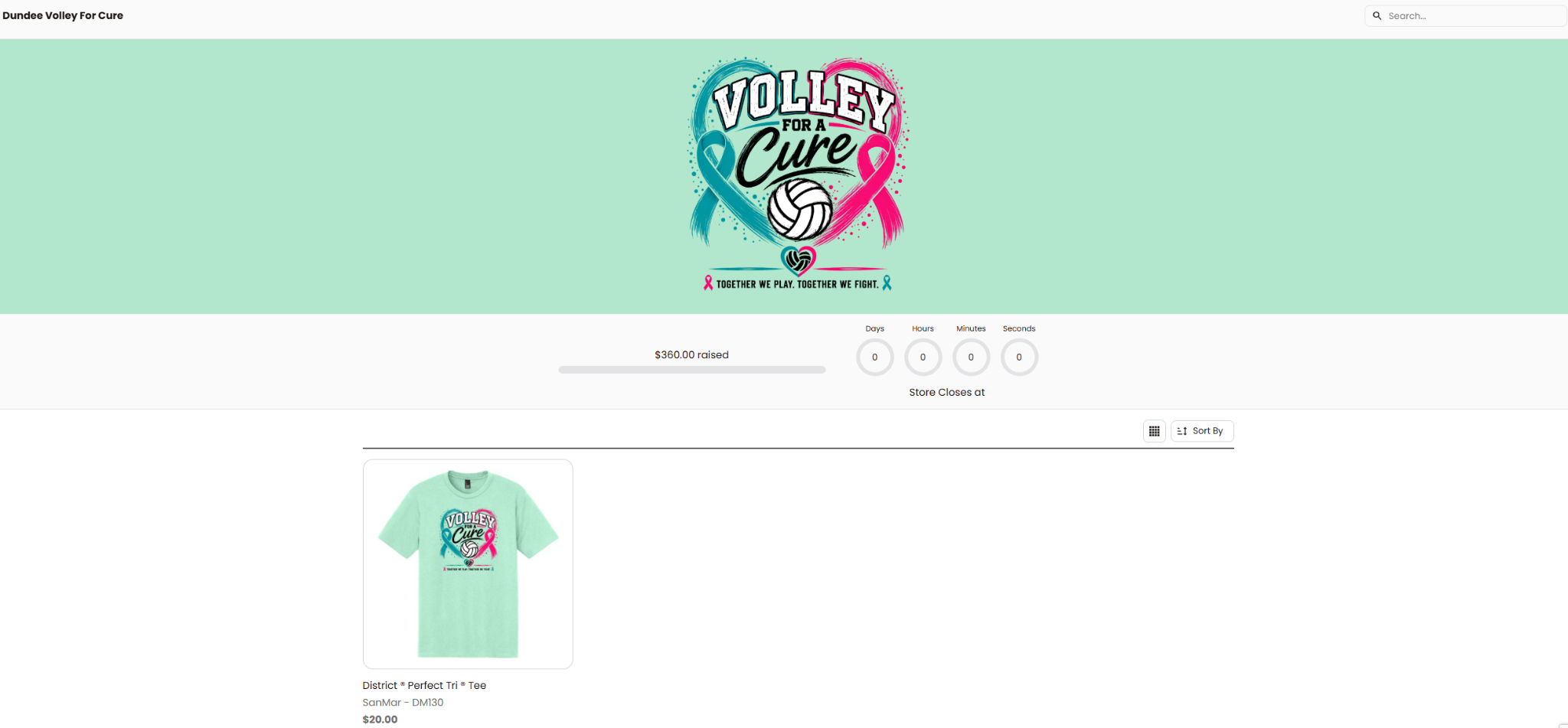 Screenshot of the Dundee Volley for a Cure sample fundraising store