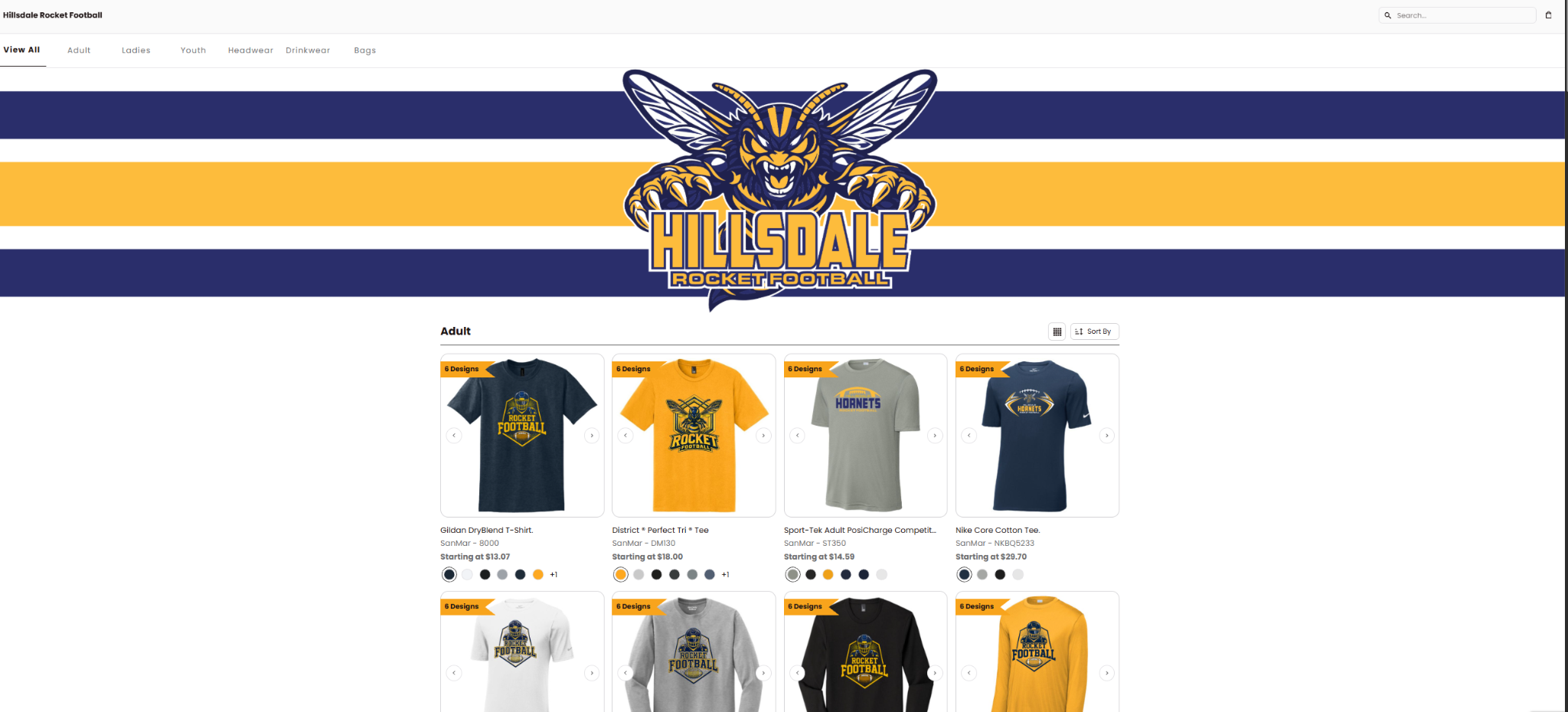 Screenshot of the Hillsdale Rocket Football sample online store